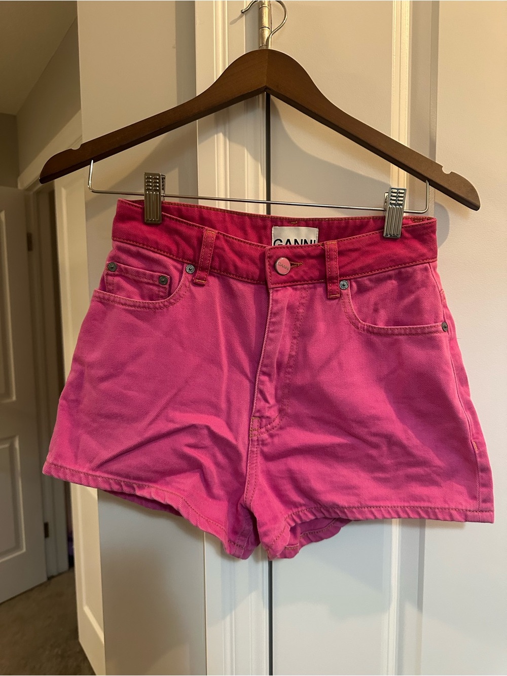Ganni Hot Pink High-Rise Denim Shorts